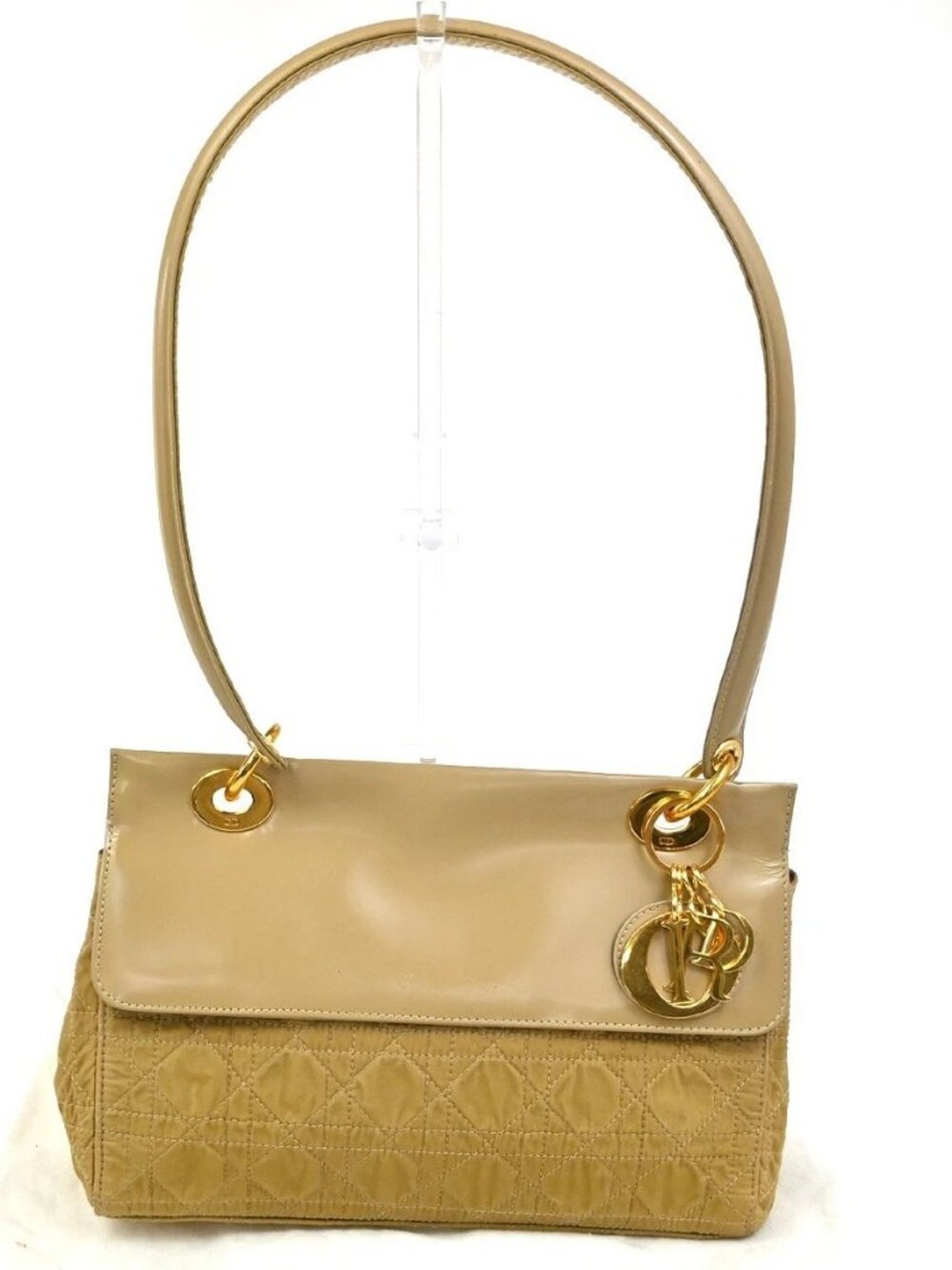CHRISTIAN DIOR Shoulder Bag Patent Nylon Leather Beige GHW Italy 39TA647